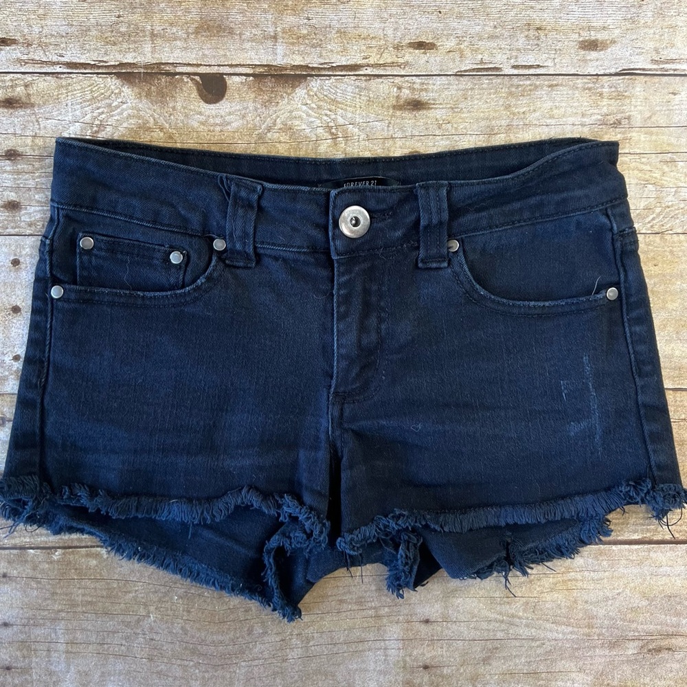 Forever‎ 21 Womens Black Denim Cut Off Shorts Frayed Hem Distressed Size 26